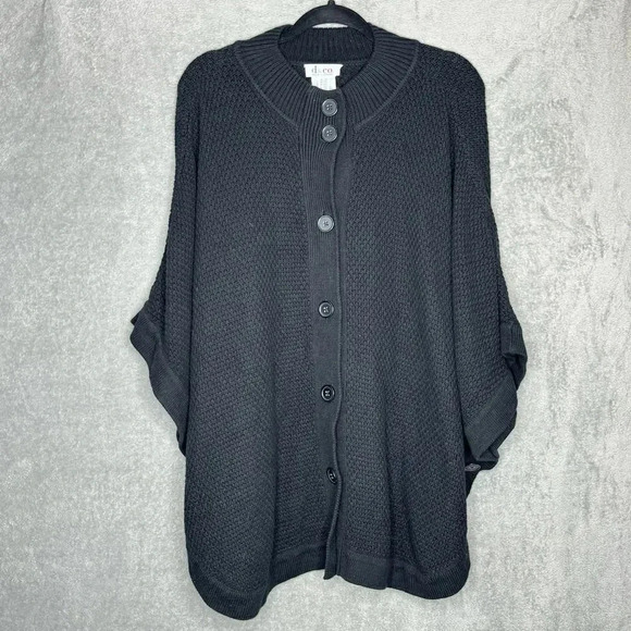 Denim & Co Womens Sweater 2X Black Solid Cardigan Poncho High Neck - Picture 1 of 7